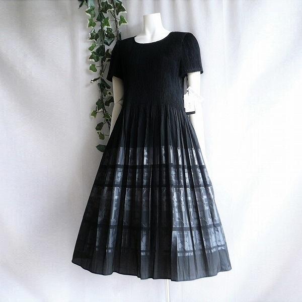 新品 9074 M 桐生織 日本製 プリーツ ワンピース 黒 春夏秋 レディース