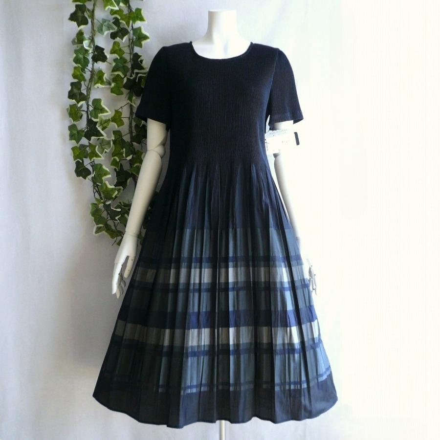 新品 a234 L 日本製 桐生織 プリーツ ワンピース 紺系 マルチボーダー 春夏 レディース 綿混 ペチコート 高級 上質 50代 60代 70代の画像