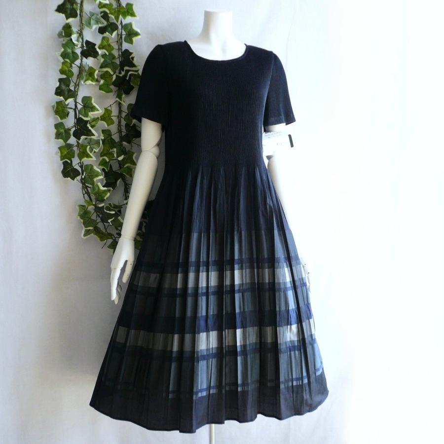 新品 a234 L 日本製 桐生織 プリーツ ワンピース 紺系 マルチボーダー 春夏 レディース 綿混 ペチコート 高級 上質 50代 60代 70代の画像