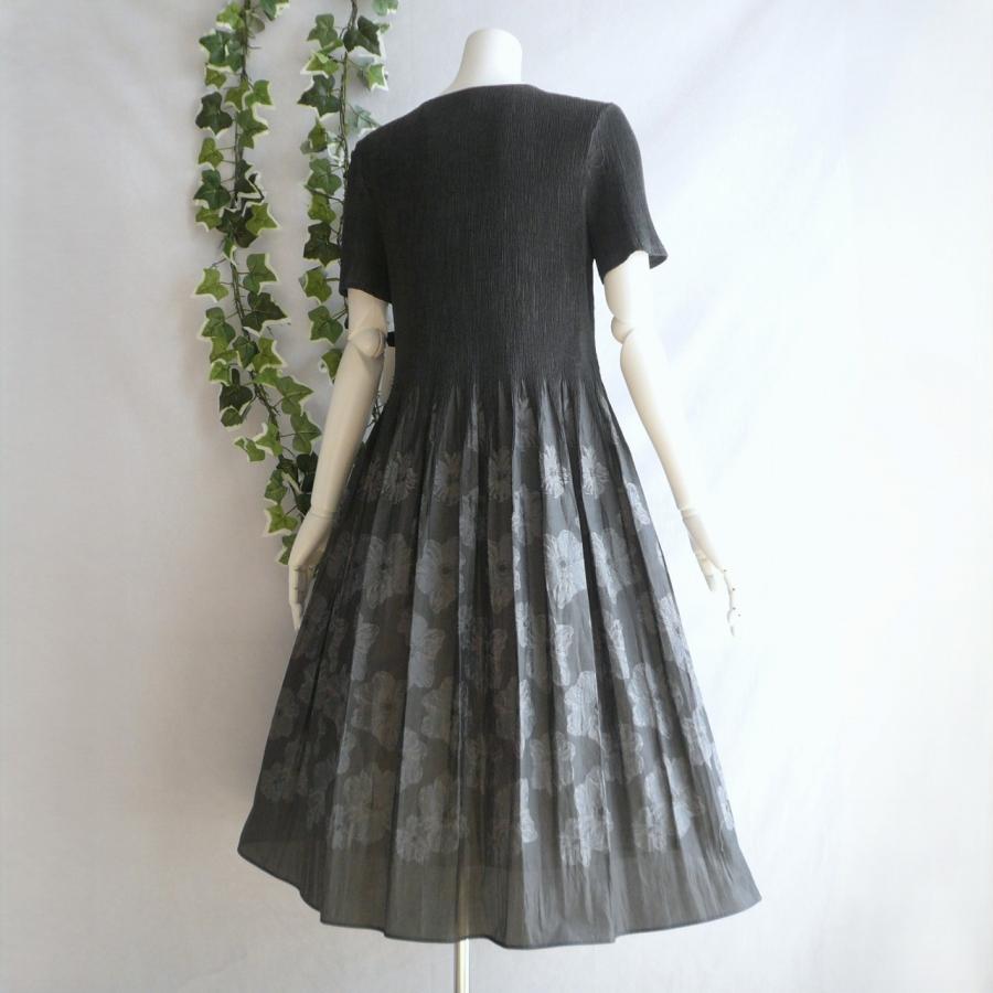 新品 a240 L 日本製 桐生織 プリーツ ワンピース グレー系 花模様 春夏 レディース 綿混 ペチコート 高級 上質 50代 60代 70代の画像