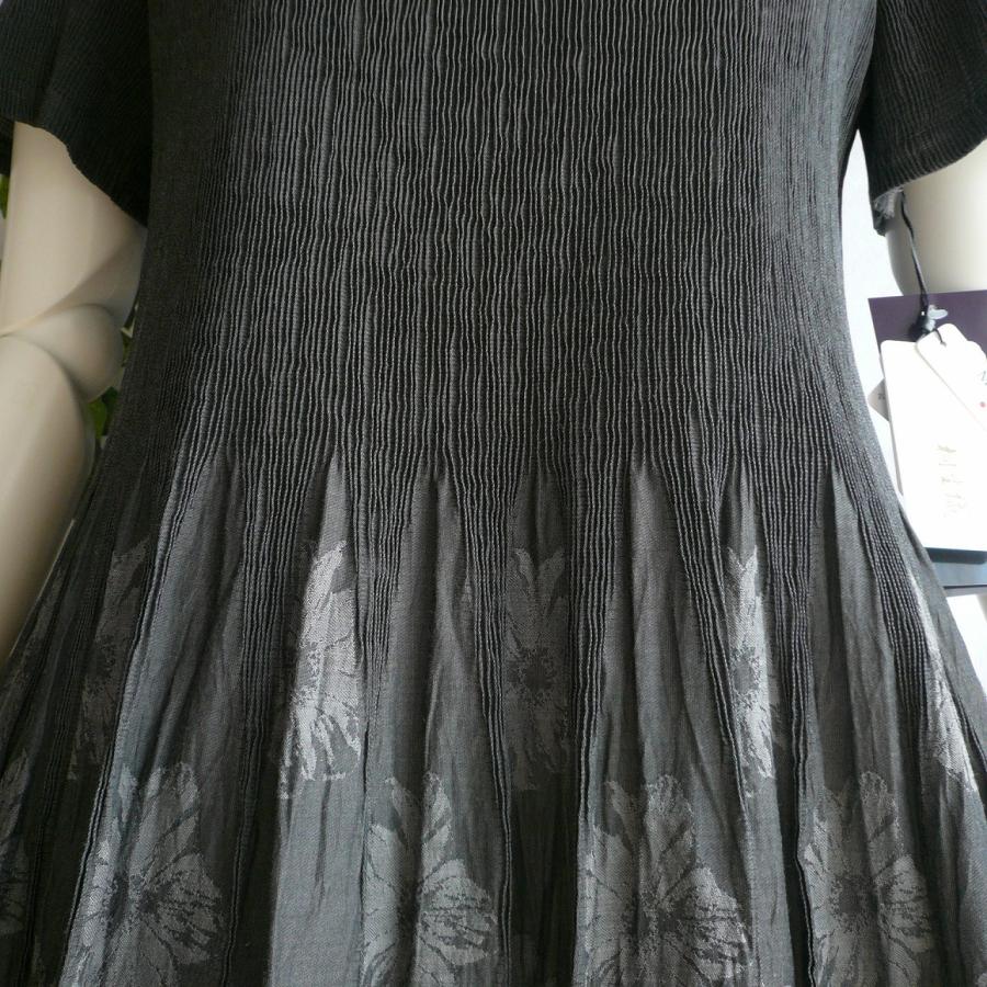 新品 a240 L 日本製 桐生織 プリーツ ワンピース グレー系 花模様 春夏 レディース 綿混 ペチコート 高級 上質 50代 60代 70代の画像