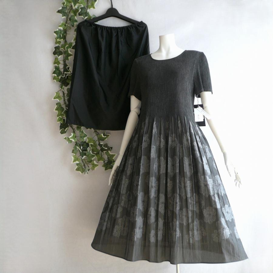 新品 a240 L 日本製 桐生織 プリーツ ワンピース グレー系 花模様 春夏 レディース 綿混 ペチコート 高級 上質 50代 60代 70代の画像