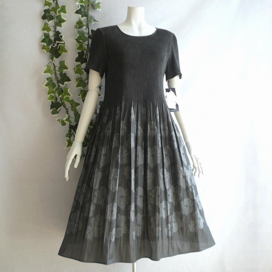 新品 a240 L 日本製 桐生織 プリーツ ワンピース グレー系 花模様 春夏 レディース 綿混 ペチコート 高級 上質 50代 60代 70代の画像