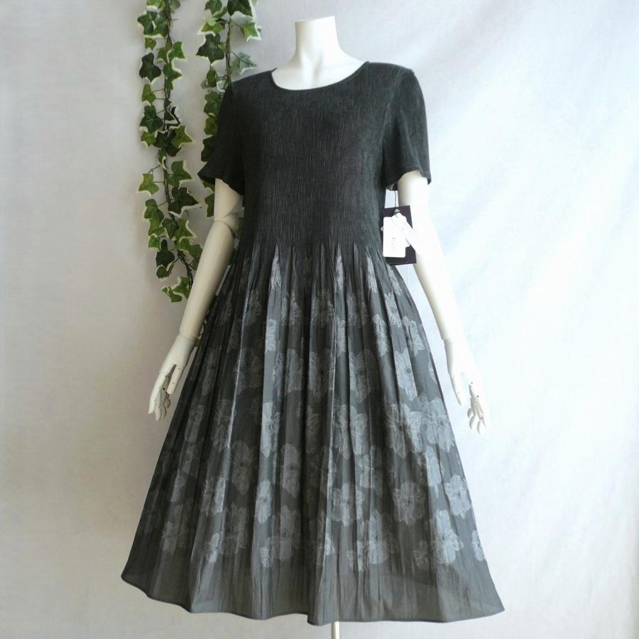 新品 a240 L 日本製 桐生織 プリーツ ワンピース グレー系 花模様 春夏 レディース 綿混 ペチコート 高級 上質 50代 60代 70代の画像