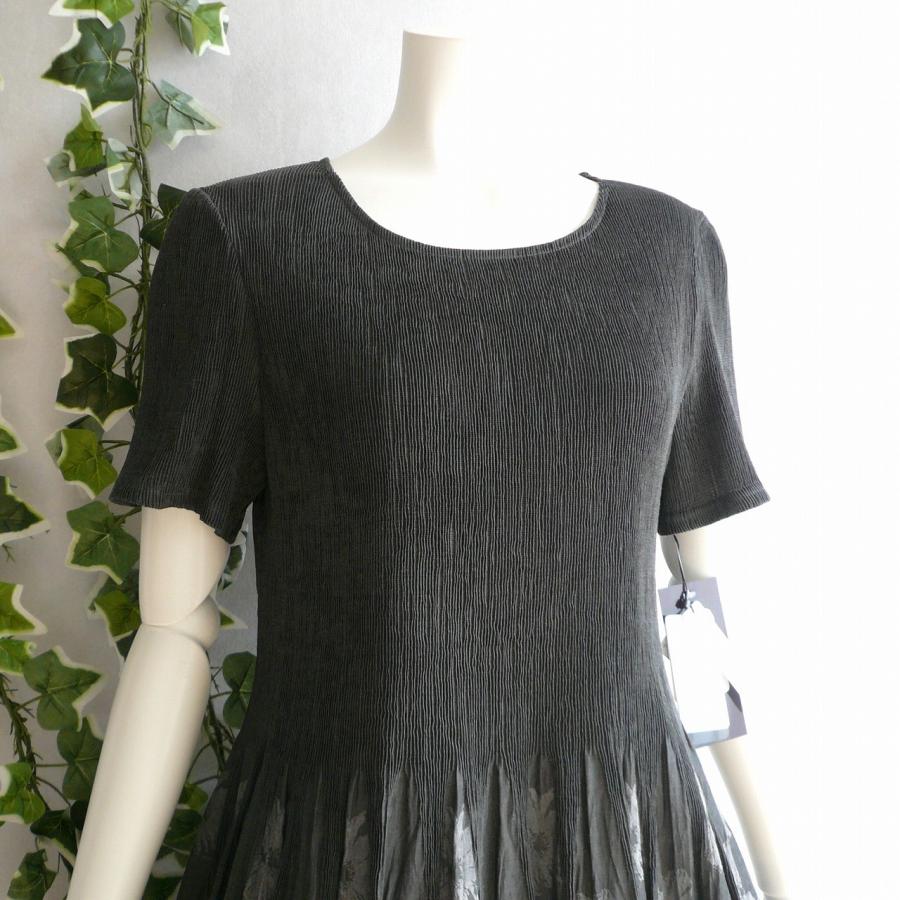 新品 a240 L 日本製 桐生織 プリーツ ワンピース グレー系 花模様 春夏 レディース 綿混 ペチコート 高級 上質 50代 60代 70代の画像