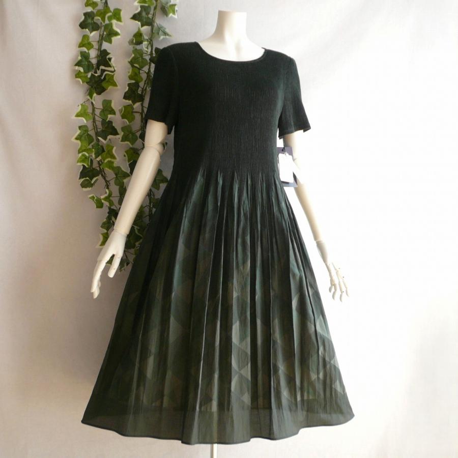 新品 a241 L 日本製 桐生織 プリーツ ワンピース グリーン系 幾何学 春夏 レディース 綿混 ペチコート 高級 上質 50代 60代 70代の画像