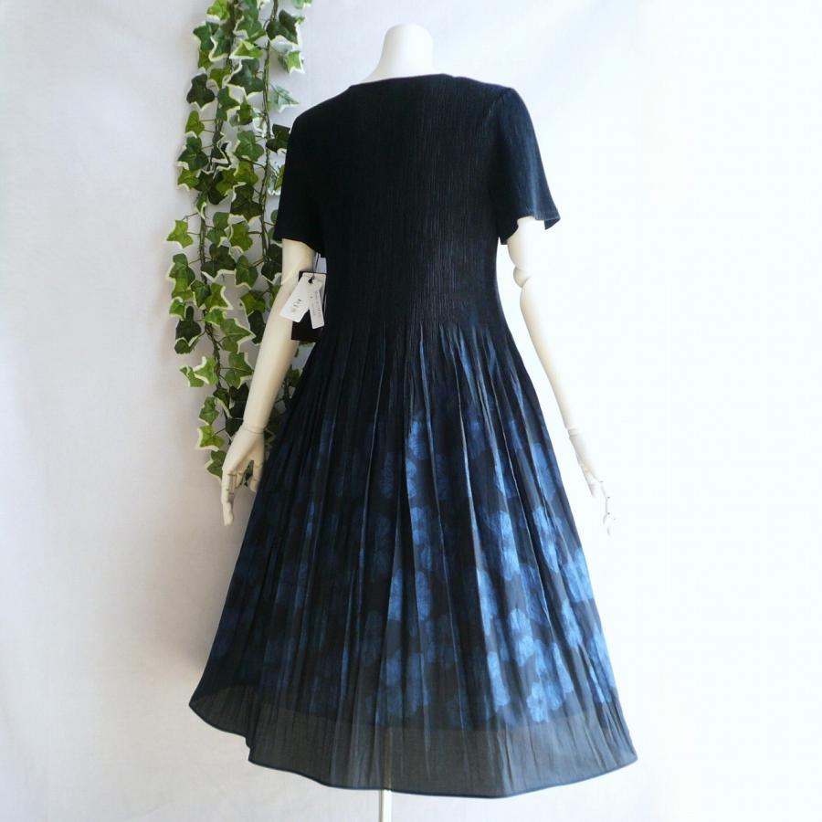 新品 a242 L 日本製 桐生織 プリーツ ワンピース 紺系 花模様 春夏 レディース 綿混 ペチコート 高級 上質 50代 60代 70代の画像