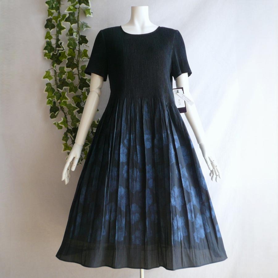 新品 a242 L 日本製 桐生織 プリーツ ワンピース 紺系 花模様 春夏 レディース 綿混 ペチコート 高級 上質 50代 60代 70代の画像