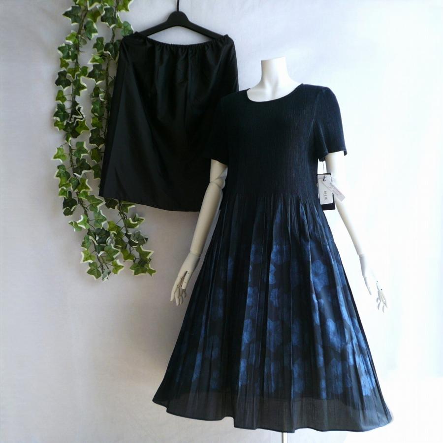 新品 a242 L 日本製 桐生織 プリーツ ワンピース 紺系 花模様 春夏 レディース 綿混 ペチコート 高級 上質 50代 60代 70代の画像