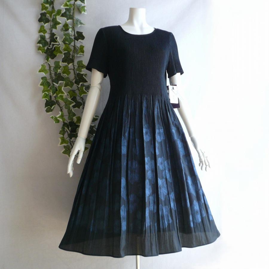 新品 a242 L 日本製 桐生織 プリーツ ワンピース 紺系 花模様 春夏 レディース 綿混 ペチコート 高級 上質 50代 60代 70代の画像