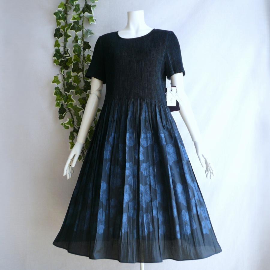 新品 a242 L 日本製 桐生織 プリーツ ワンピース 紺系 花模様 春夏 レディース 綿混 ペチコート 高級 上質 50代 60代 70代の画像