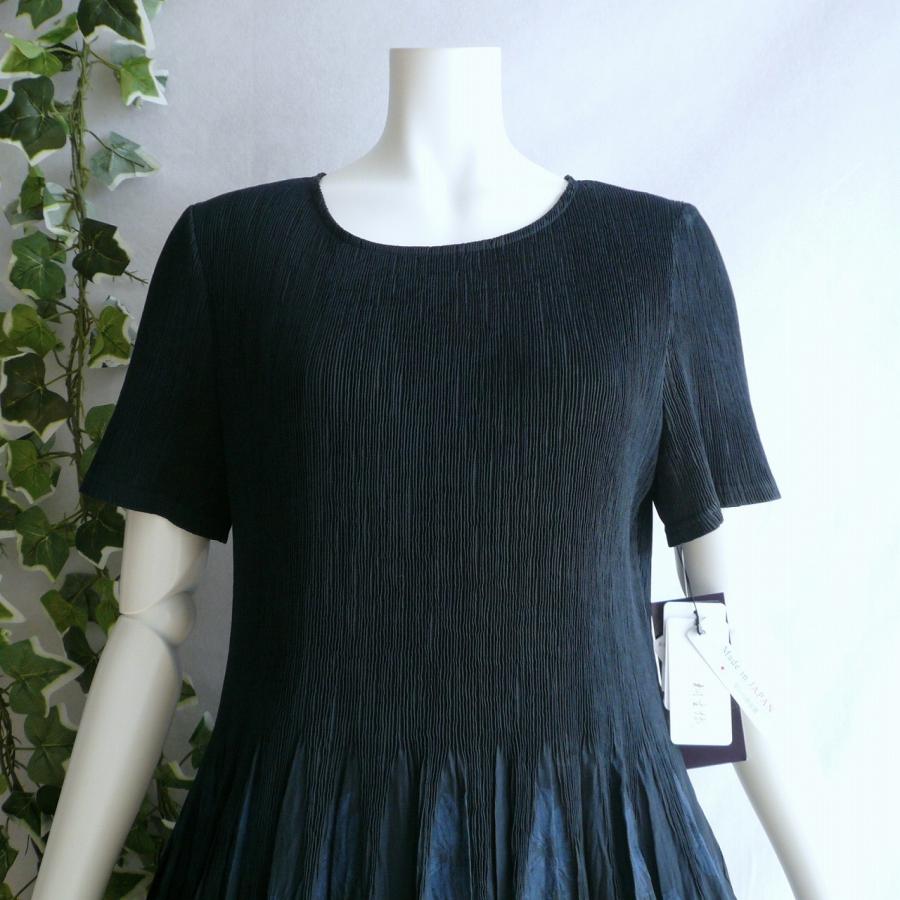 新品 a242 L 日本製 桐生織 プリーツ ワンピース 紺系 花模様 春夏 レディース 綿混 ペチコート 高級 上質 50代 60代 70代の画像