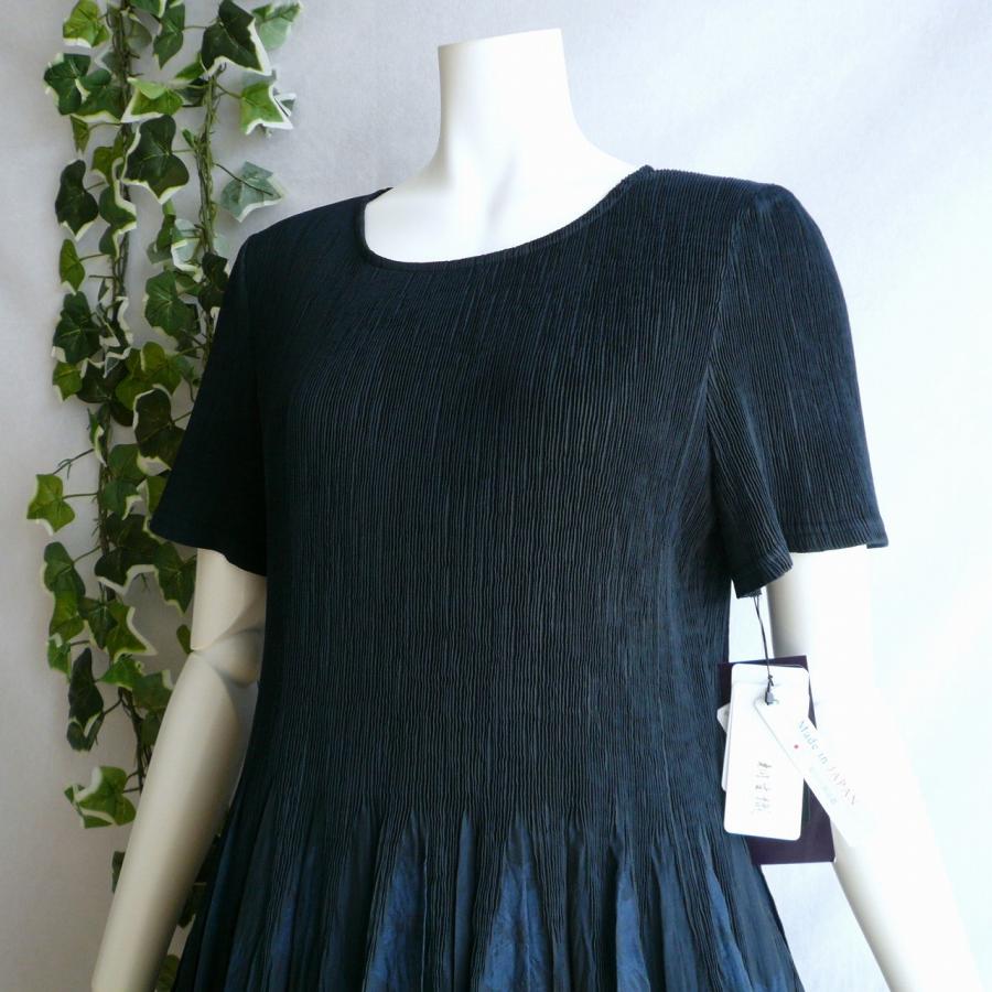 新品 a242 L 日本製 桐生織 プリーツ ワンピース 紺系 花模様 春夏 レディース 綿混 ペチコート 高級 上質 50代 60代 70代の画像