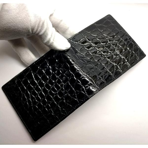 新品 JRA認定 クロコダイルレザー 二つ折り財布 無双 一枚切り ツヤ 黒