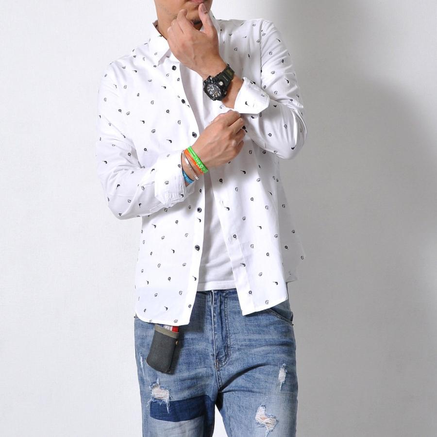 全品送料無料 長袖 カジュアル シャツ メンズ トップス 小柄 模様 白