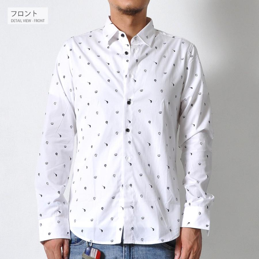 全品送料無料 長袖 カジュアル シャツ メンズ トップス 小柄 模様 白
