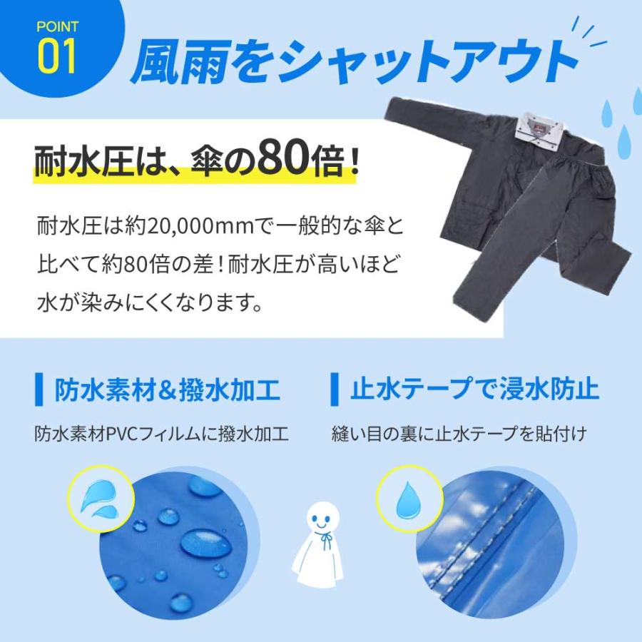 レインウェア カッパ メンズ ゴルフ 登山 釣り レディース 5l 6l 7l バイク 上下 大きいサイズ おしゃれ 作業用 作業 雨合羽 梅雨対策｜rake-west｜03