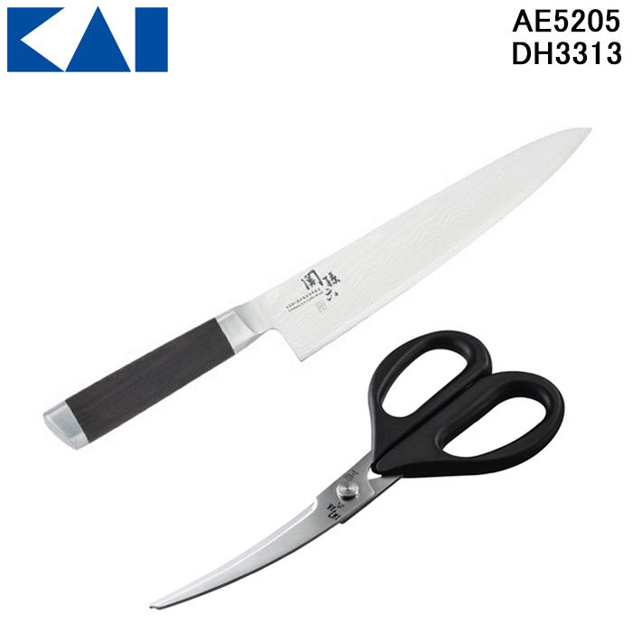 (送料無料)貝印 AE-5205・DH-3313 関孫六 ダマスカス 牛刀 210mm・関孫六 カーブキッチン鋏 2点セット 父の日 母の日