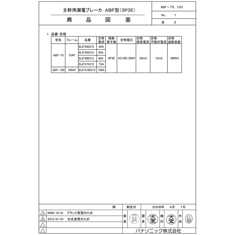 パナソニック　太陽光発電専用主幹　BJF340315 2個 Panasonic（パナソニック） 主幹用漏電ブレーカ 太陽光発電システム