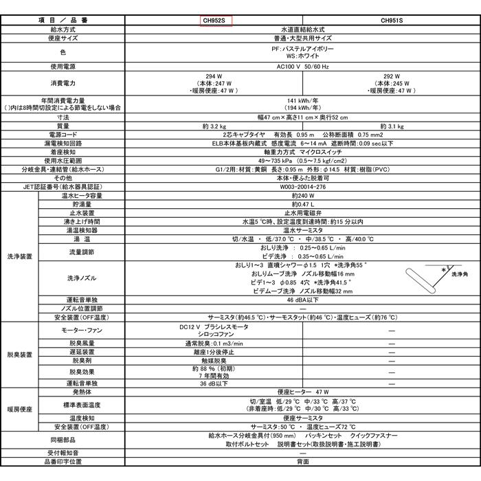 Panasonic（パナソニック） CH952SWS 温水洗浄便座 ビューティ・トワレ