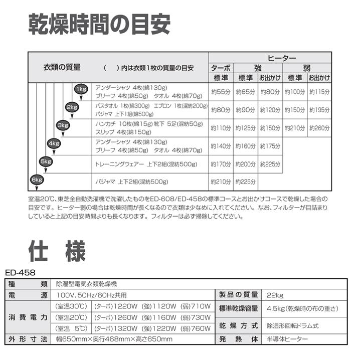 TOSHIBA 東芝 ED-458-W 衣類乾燥機 容量4.5kg 花粉フィルター TOSHIBA 東芝 ED-458-W 衣類乾燥機 容量4.5kg 花粉フィルター