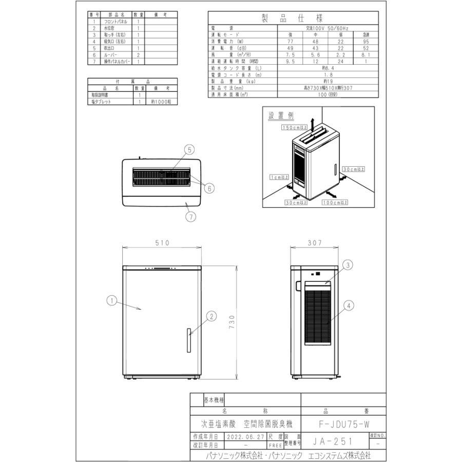 ジアイーノ パナソニック F-JDU75-K 次亜塩素酸 空間除菌脱臭機 60畳