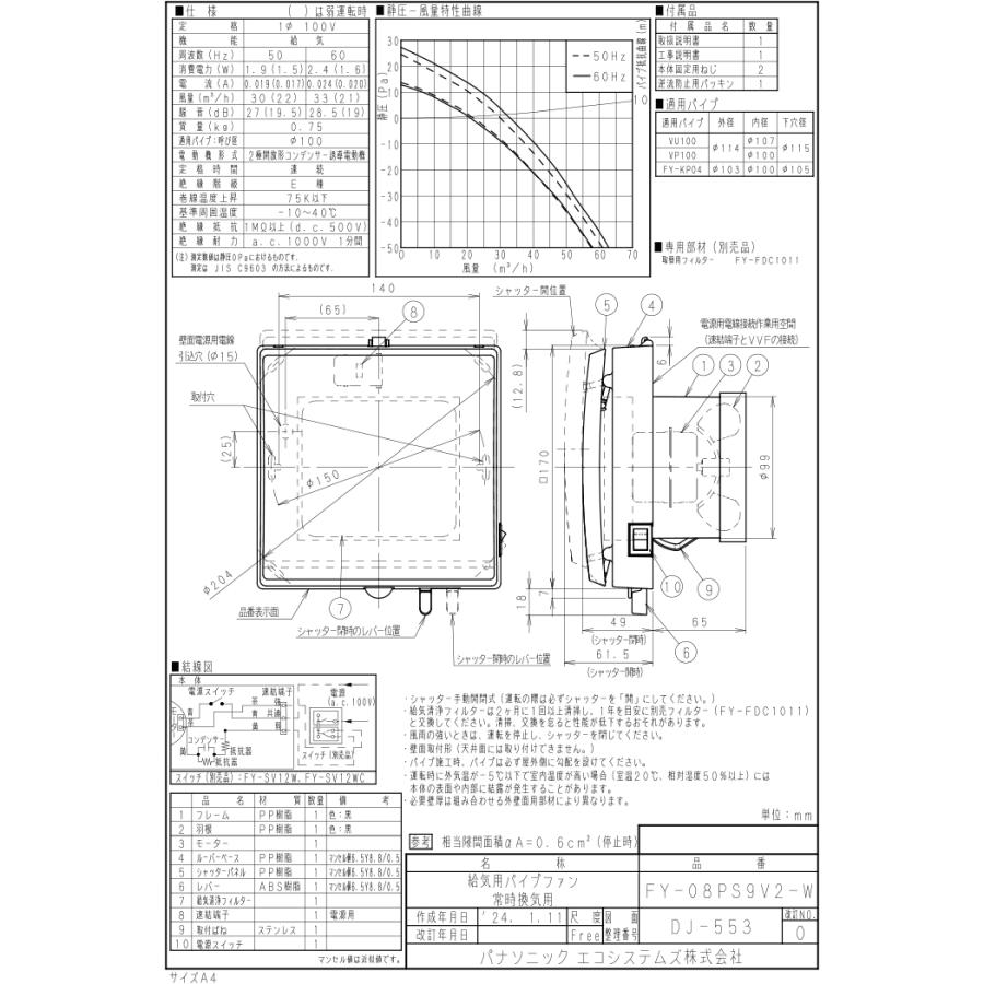 Panasonic（パナソニック） FY-08PS9V2-W パイプファン 給気形 本体