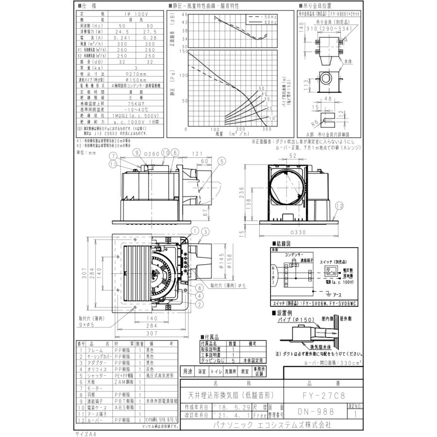 Panasonic（パナソニック） FY-27C8 天井埋込形換気扇 一室換気用
