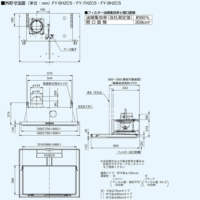 パナソニック FY-7HZC5-K スマートスクエアフード レンジフード 幅75cm シロッコファン ブラック 換気扇 (前幕板・横幕板別売) (FY-7HZC4-Kの後継品) Panasonic｜rakudenmart｜02