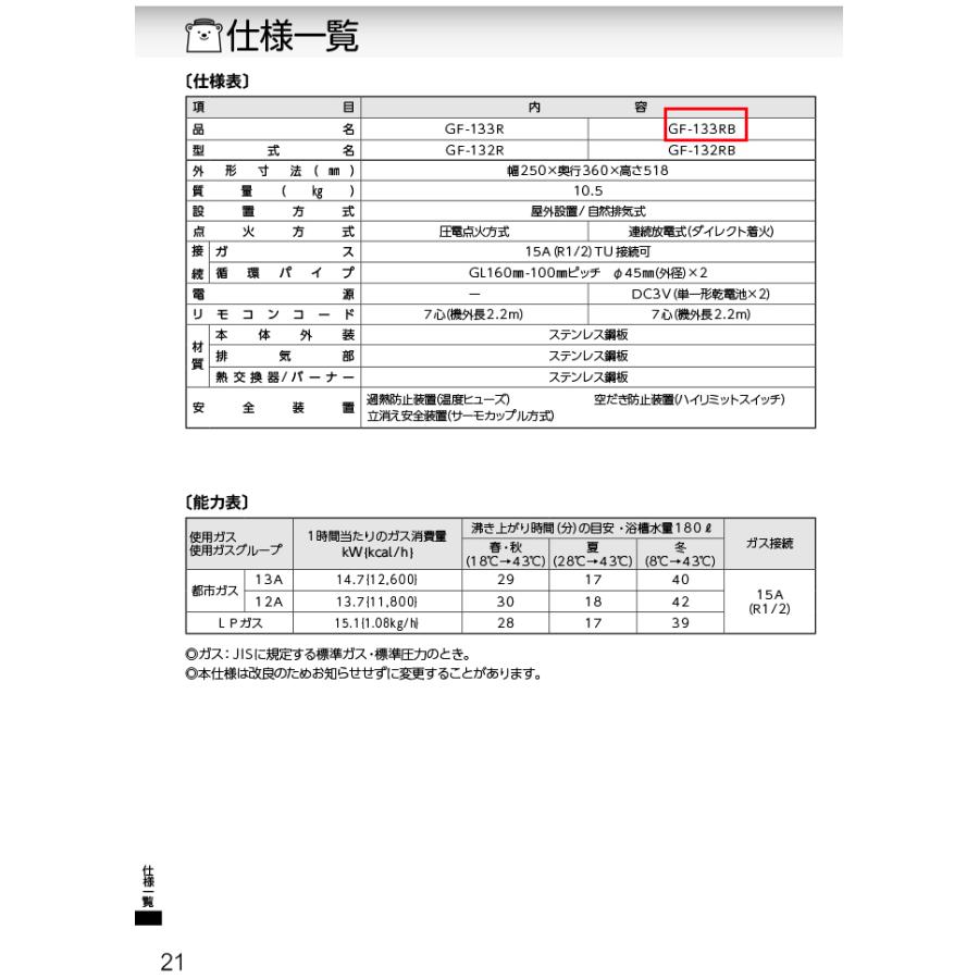 パーパス GF-133RB-13A 家庭用ガス機器 ふろがま GFシリーズ 屋外据置