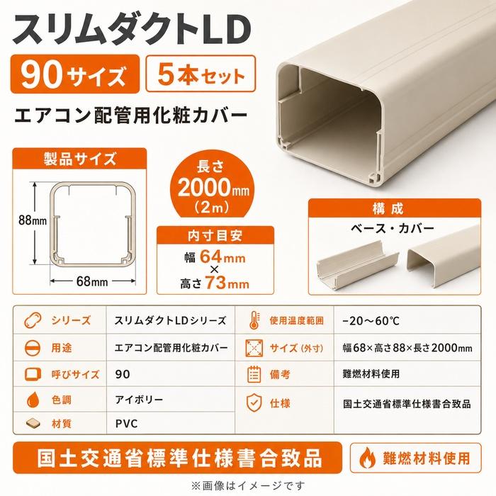 因幡電工 LD-90-I スリムダクトLD 90サイズ アイボリー 5本セット 2m
