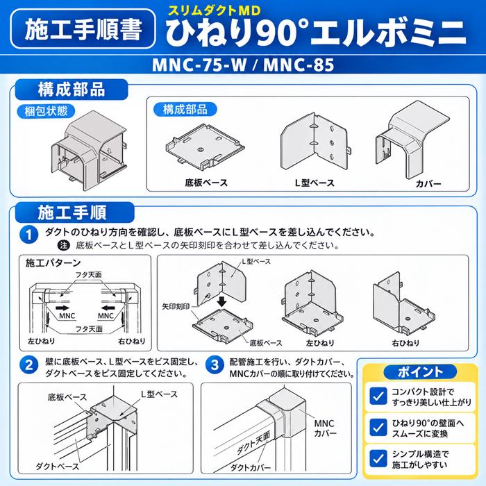 因幡電工 スリムダクト 配管部材セット まとめ売り 因幡電工 MNC-75-W ひねり90°エルボミニ 5個セット スリムダクトMD 75