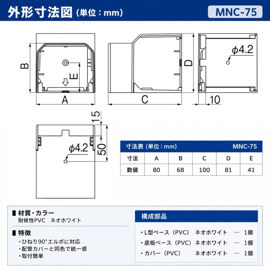 因幡電工 MNC-75-W ひねり90°エルボミニ 5個セット スリムダクトMD 75