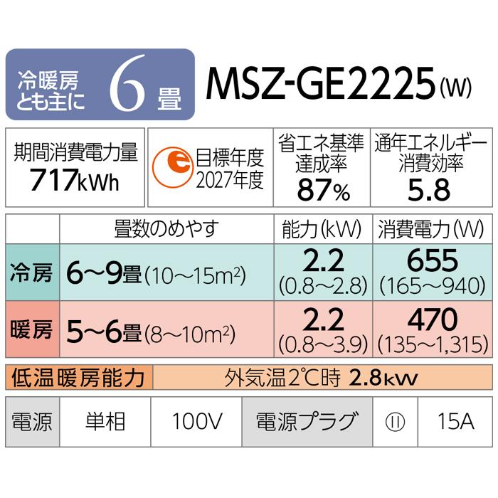 霧ヶ峰 三菱電機 MSZ-GE2225-W ルームエアコン GEシリーズ 冷暖房とも