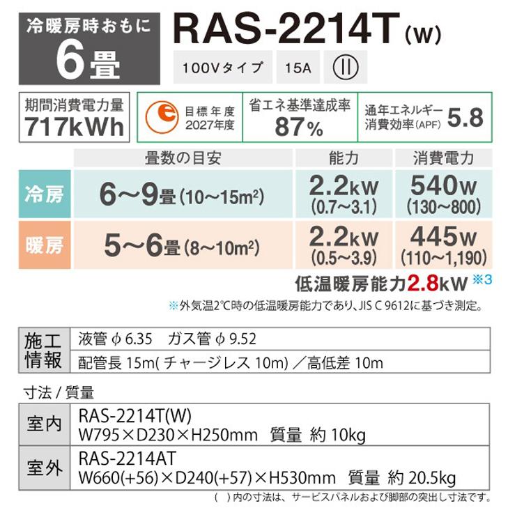 発送 送料込 東芝 2024年式 美品 ルームエアコン RAS-2213T TOSHIBA（東芝） RAS-2214T-W ルームエアコン Tシリーズ 6畳用 2024年