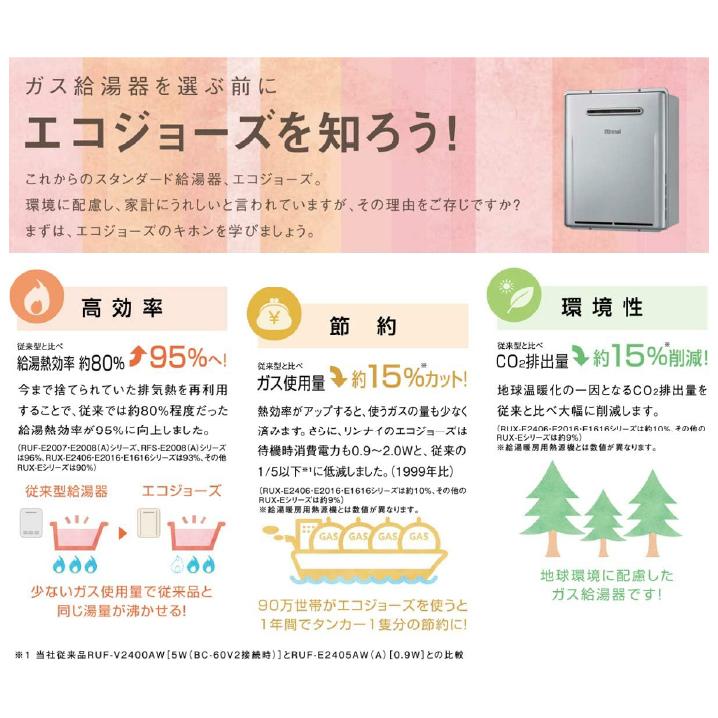 Rinnai 給湯器 RUF-E240ESAW LPガス用リモコン付き最終値下げ リンナイ リンナイ エコジョーズ ガスふろ給湯器 オート 24号