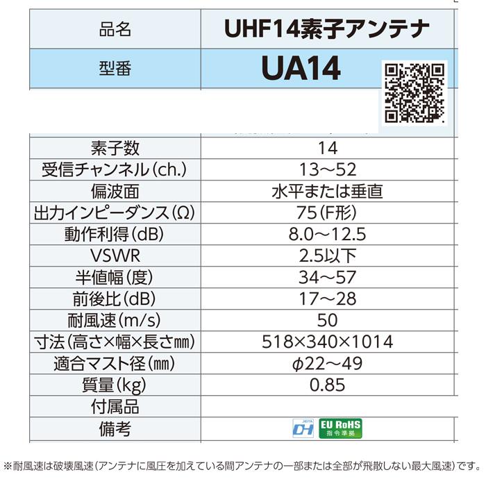 DXアンテナ - UHF14電子素子空中線 UA14 (10本仕かける) 14電子素子(中電場用) （旧UA14P3） (法人押さえる)