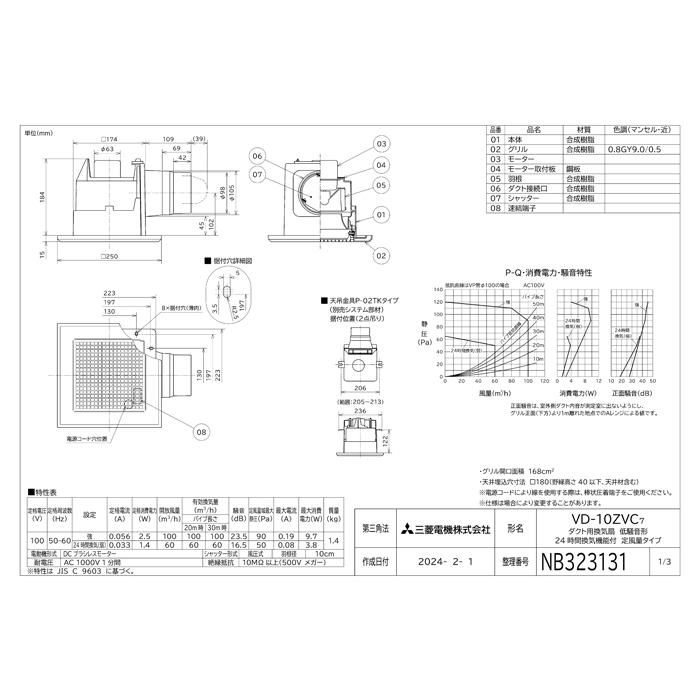 MITSUBISHI ［VD-10ZVC7］接続パイプ 100mm 単相100V 三菱（MITSUBISHI） 三菱電機 VD-10ZVC7 天井埋込形換気扇 本体 ダクト