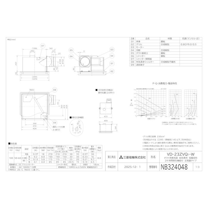 三菱給気専用ダクト換気扇　VD-23ZQ7-W 　開封済み未使用 三菱（MITSUBISHI） 三菱電機 VD-23ZVQ7-W 天井埋込形換気扇(ダクト用