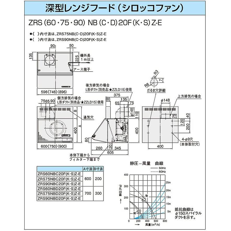 クリナップ ZRS60NBC20FKZ-E 深型レンジフード シロッコファン 間口