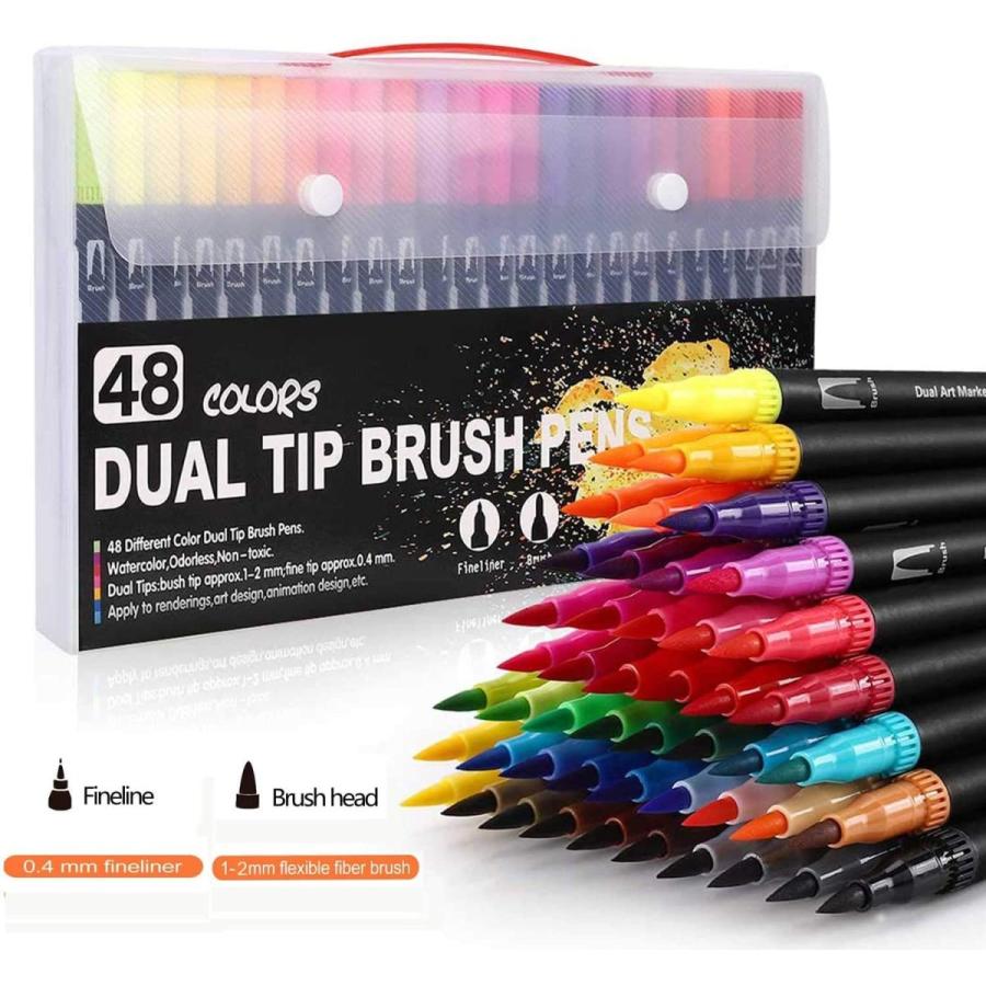 新品 正規品 カラーペン48色セットカラー筆ペン水彩ペン のアートマーカーペン水性筆 細字太字両用 漫画落書き手帳塗り絵イラスト 美術用学校オフィス用品文房具子供用