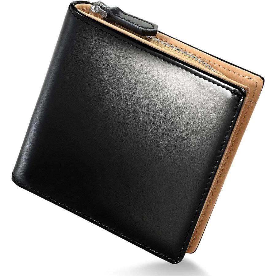 Hafos 財布 メンズ 二つ折り財布 ミニ財布 コードバン調 牛革 本革 レザ Ykk製 小銭入れ 化粧箱付き 父の日 ブラック 最新作