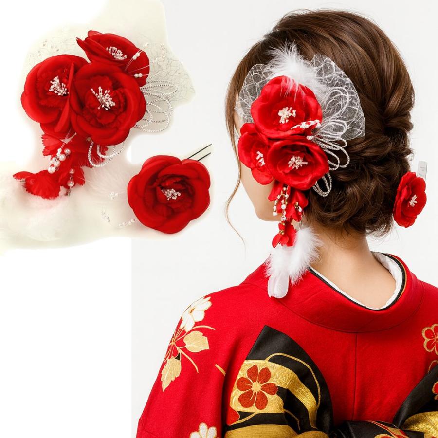 髪飾り 成人式 結婚式 和装 華やかファー付きトリプルローズコサージュ 赤 ヘアアクセサリー ヘッドドレス 楽市きもの館 通販 Yahoo ショッピング