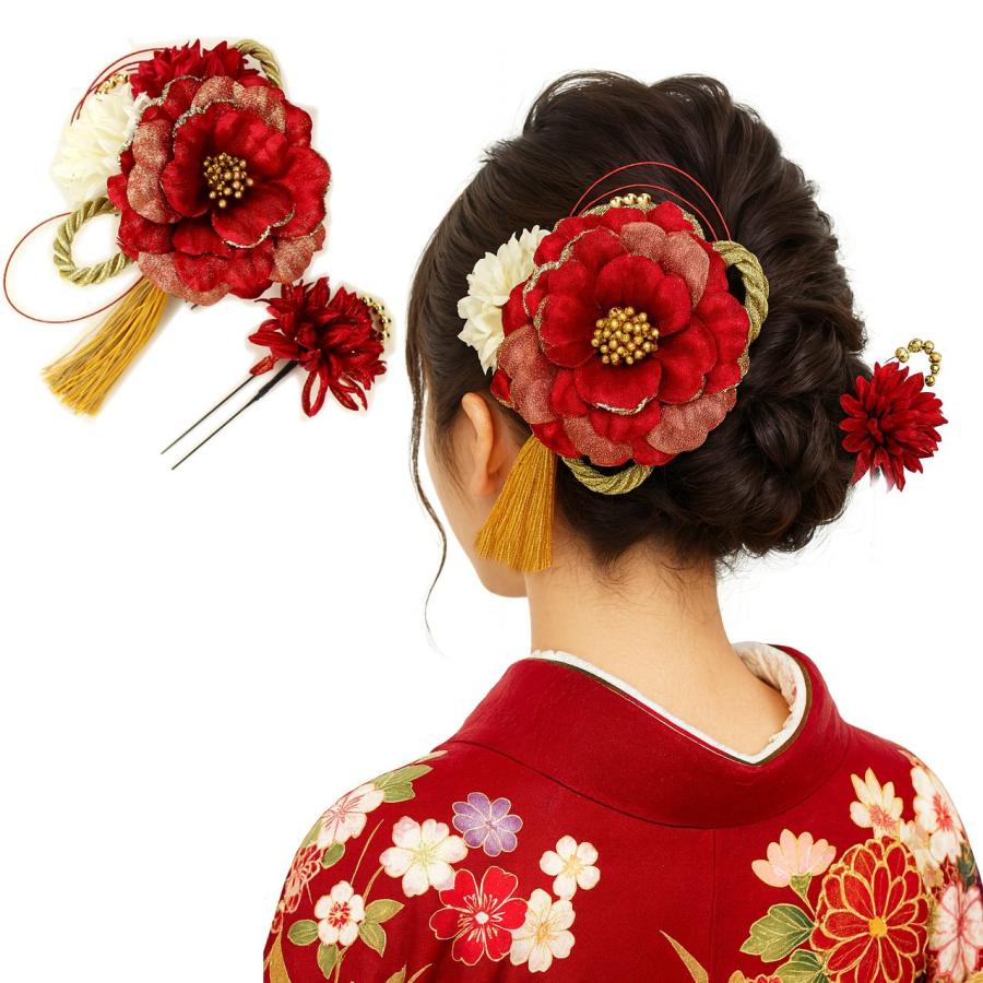 赤系のゴージャスな髪飾り ヘッドドレス ヘアアクセサリー 成人式 結婚式 髪飾り 成人式 結婚式 和装 フラワー タッセル マム レッド ヘア