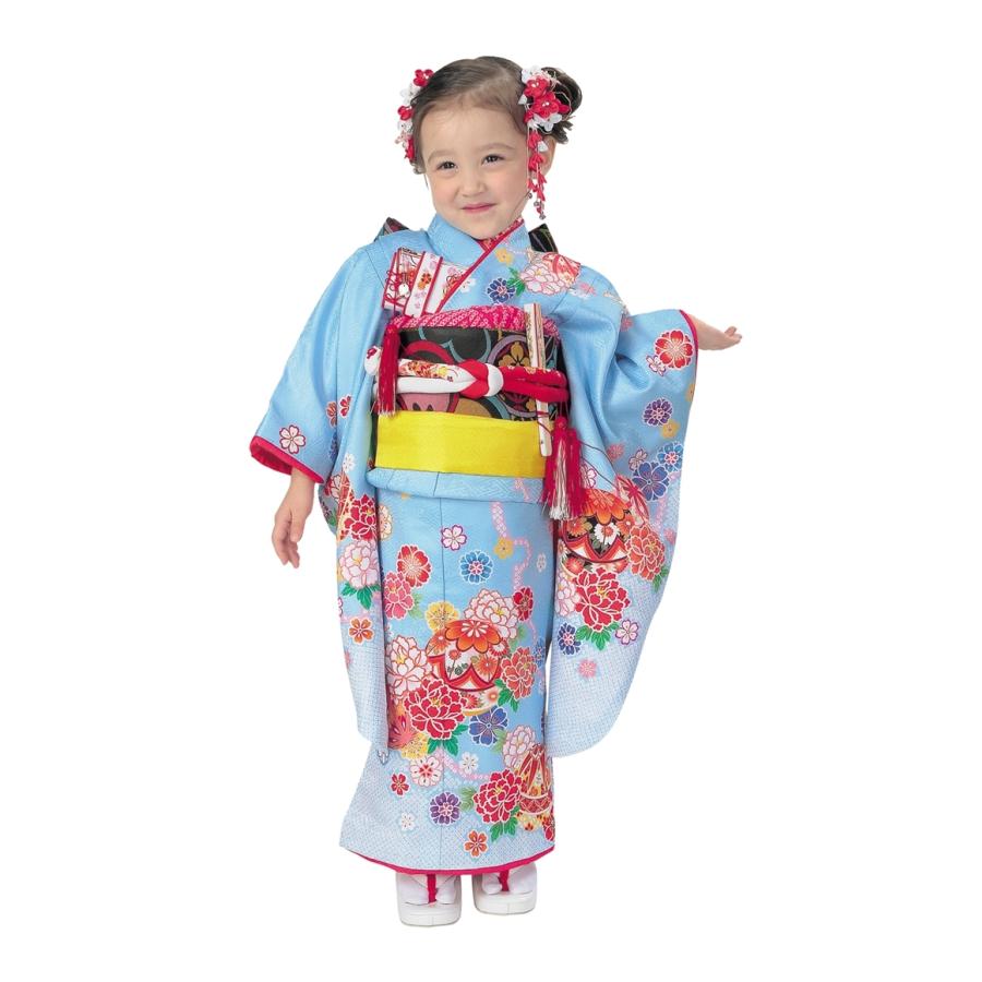 R・K 3歳きもの(三つ身)セット 牡丹 鞠 桜 水色 対応身長95cm