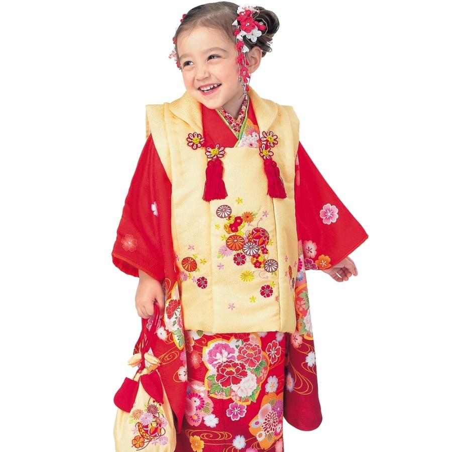 R・K 3歳 女児 被布セット 桜 牡丹 菊 赤 対応身長95cm 七五三 7歳 