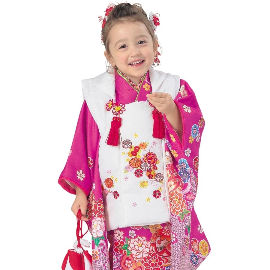 七五三 3歳 被布セット 着物 鞠 桜 紫 R・K 3歳 女児 被布セット 鞠 桜 牡丹 赤紫 対応身長95cm 七五三 7歳