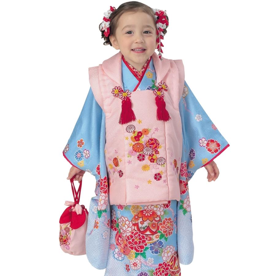 R・K 3歳 女児 被布セット 牡丹 鞠 桜 水色 対応身長95cm 七五三 3