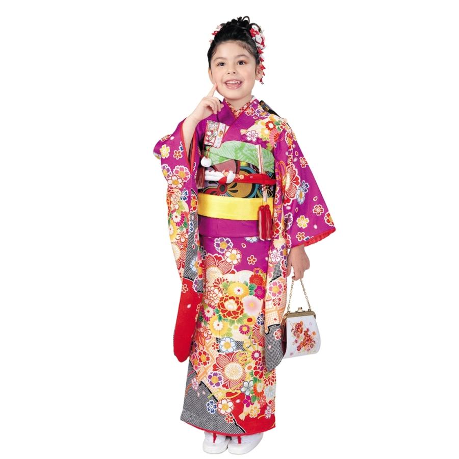 R・K 7歳きもの(四つ身)セット 牡丹 桜 菊 赤紫 対応身長120cm R・K 7歳きもの(四つ身)セット 牡丹 桜 菊 赤紫 対応身長120cm