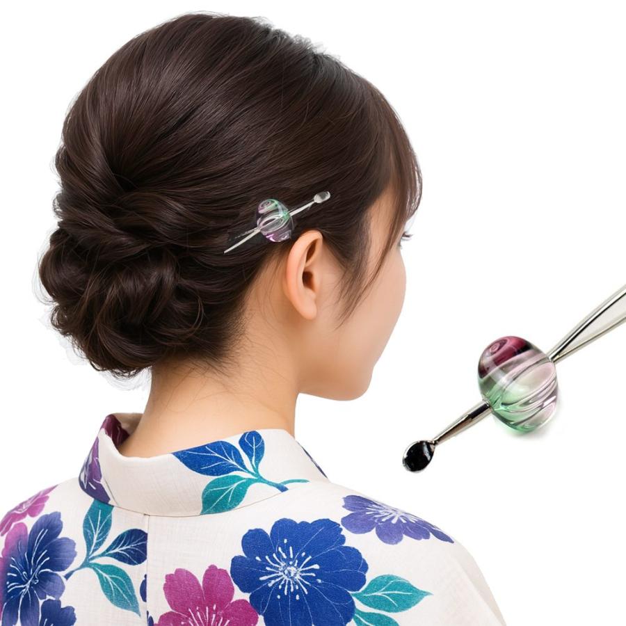 髪飾り 浴衣 和装 変形玉簪 かんざし グリーン・パープル 着物 卒業式